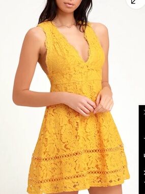 Lulu's Yellow Lace V-Neck Fit-and-Flare Mini Dress